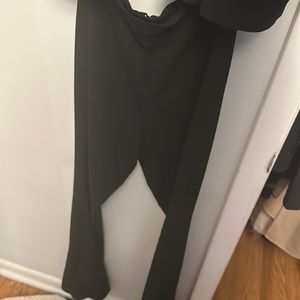 Black halo two piece set off the shoulder top with high waisted flare pants